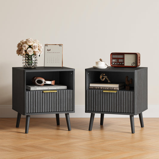 YouTrend Nightstands Set of 2 with Open Shelf,Beside Table with Fluted Design ,End Table with Solid Wood Legs for bedroom
