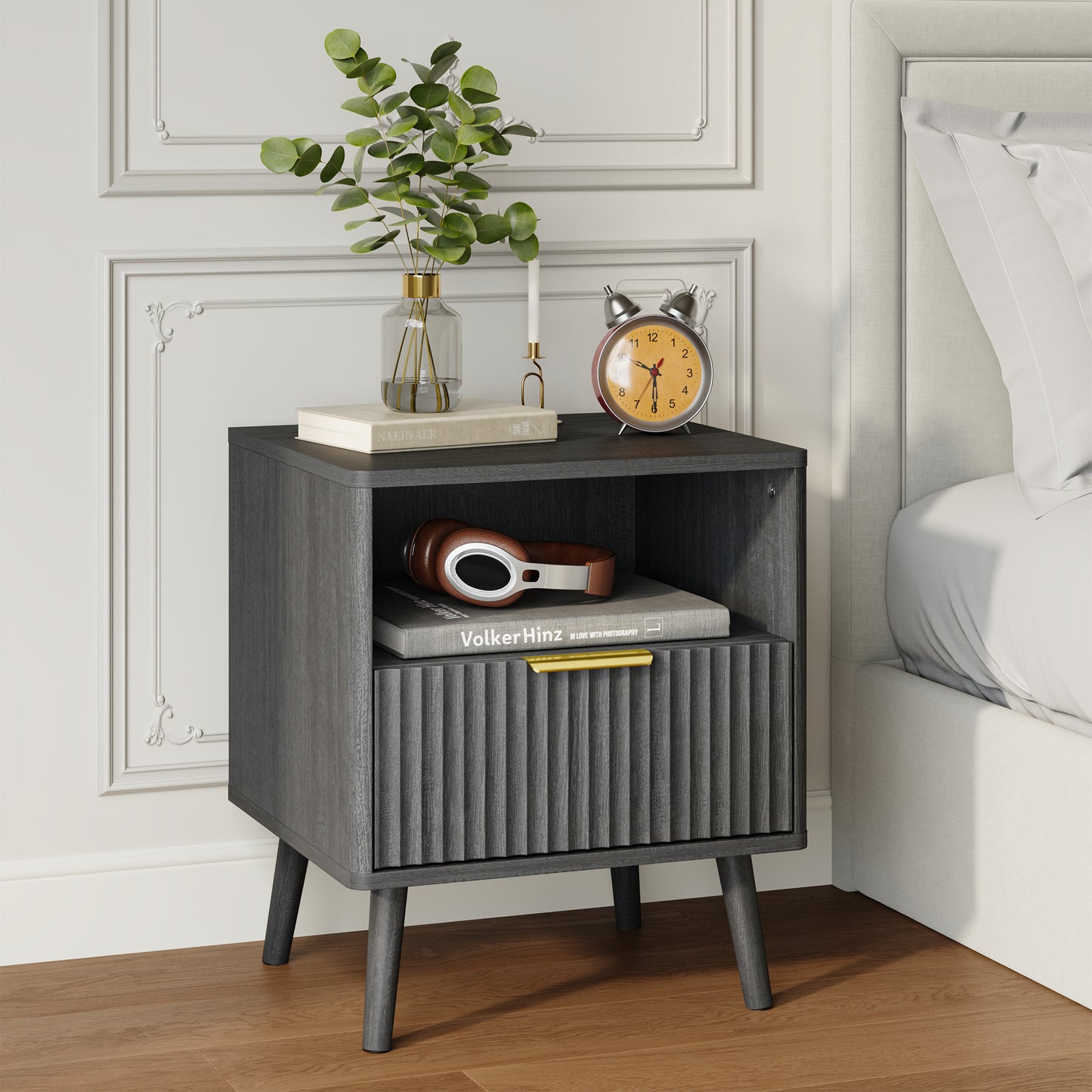 YouTrend Nightstand with Open Shelf,Beside Table with Fluted Design ,End Table with Solid Wood Legs for bedroom