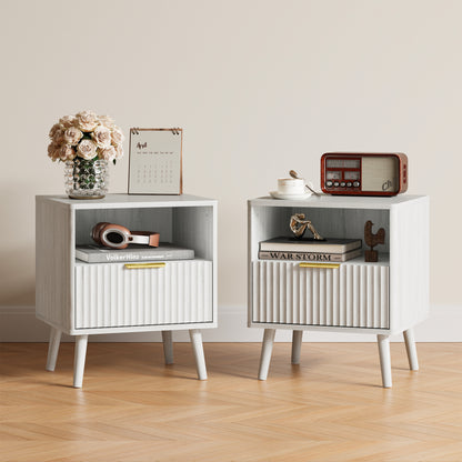 YouTrend Nightstands Set of 2 with Open Shelf,Beside Table with Fluted Design ,End Table with Solid Wood Legs for bedroom