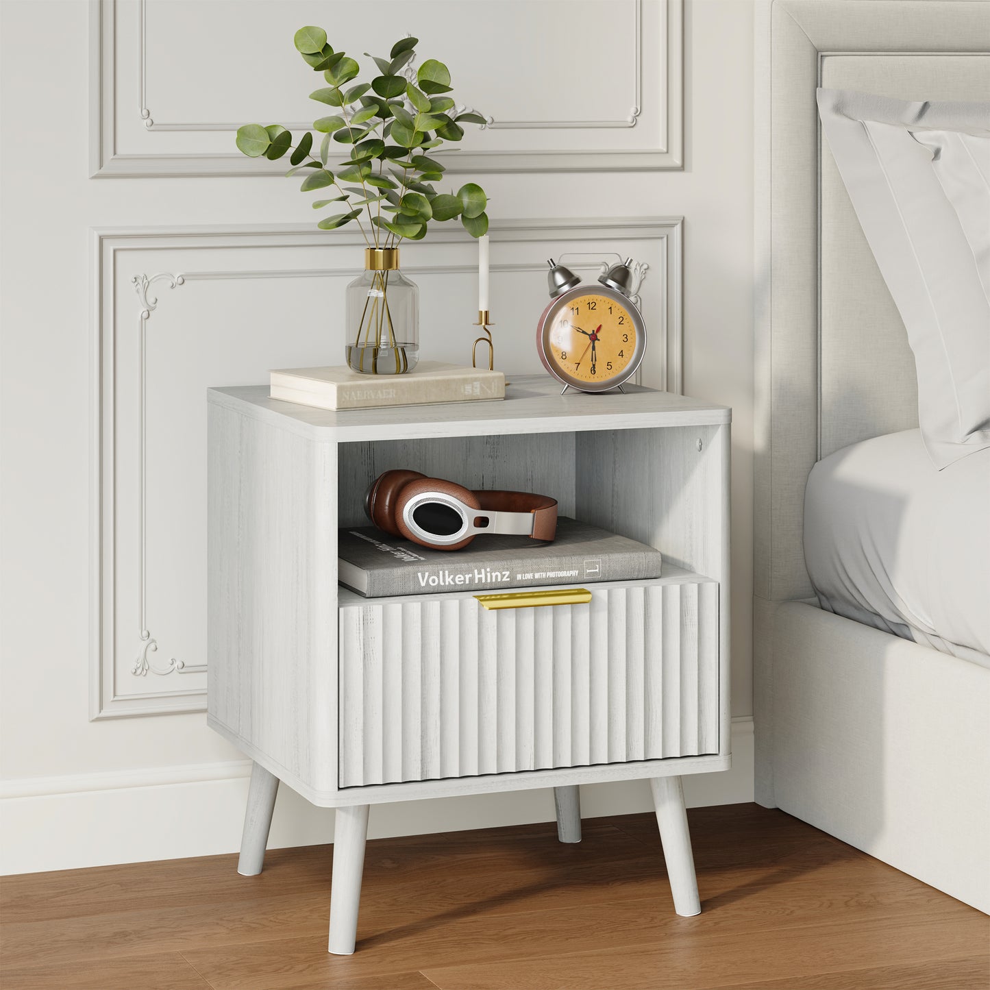 YouTrend Nightstand with Open Shelf,Beside Table with Fluted Design ,End Table with Solid Wood Legs for bedroom