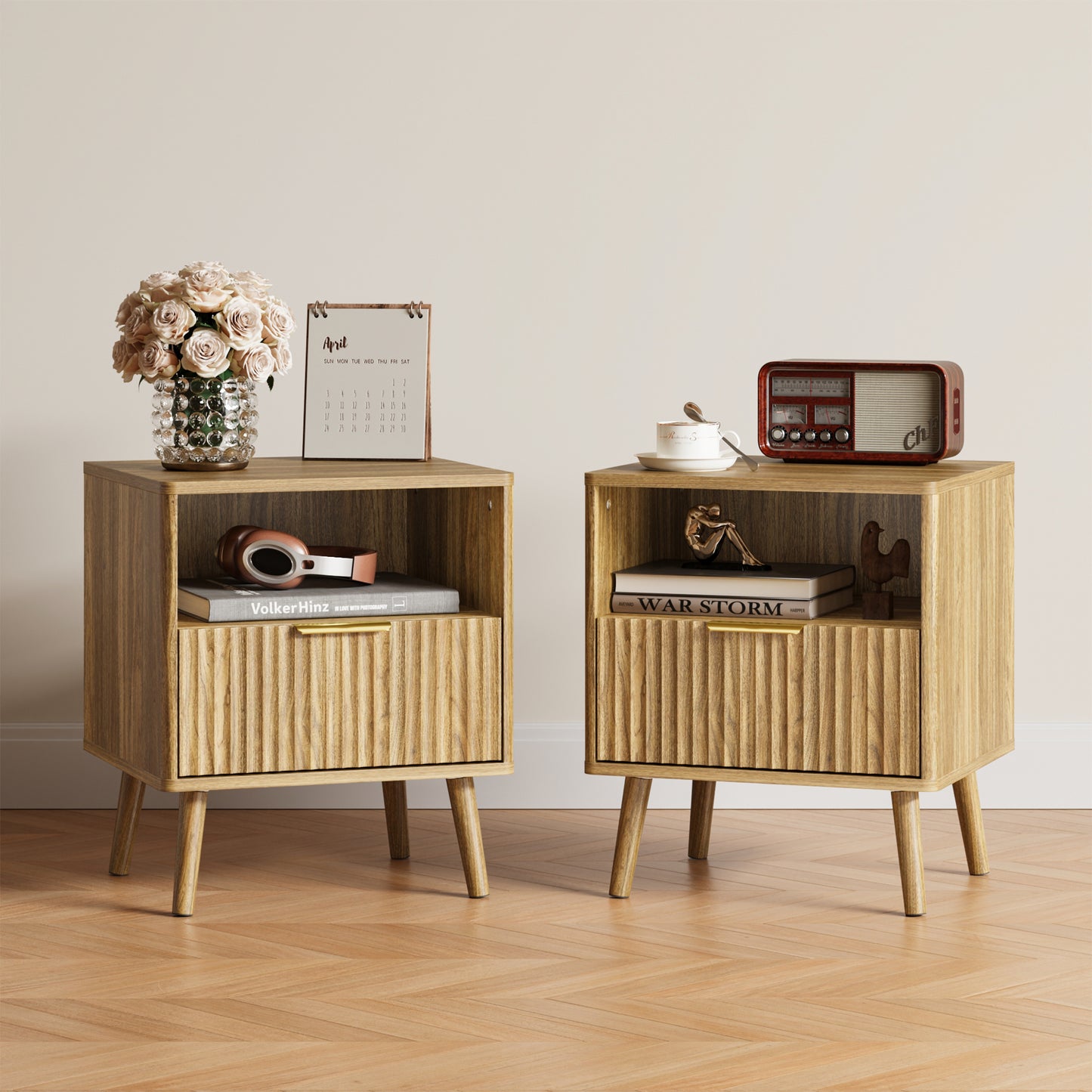 YouTrend Nightstands Set of 2 with Open Shelf,Beside Table with Fluted Design ,End Table with Solid Wood Legs for bedroom