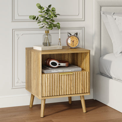 YouTrend Nightstand with Open Shelf,Beside Table with Fluted Design ,End Table with Solid Wood Legs for bedroom
