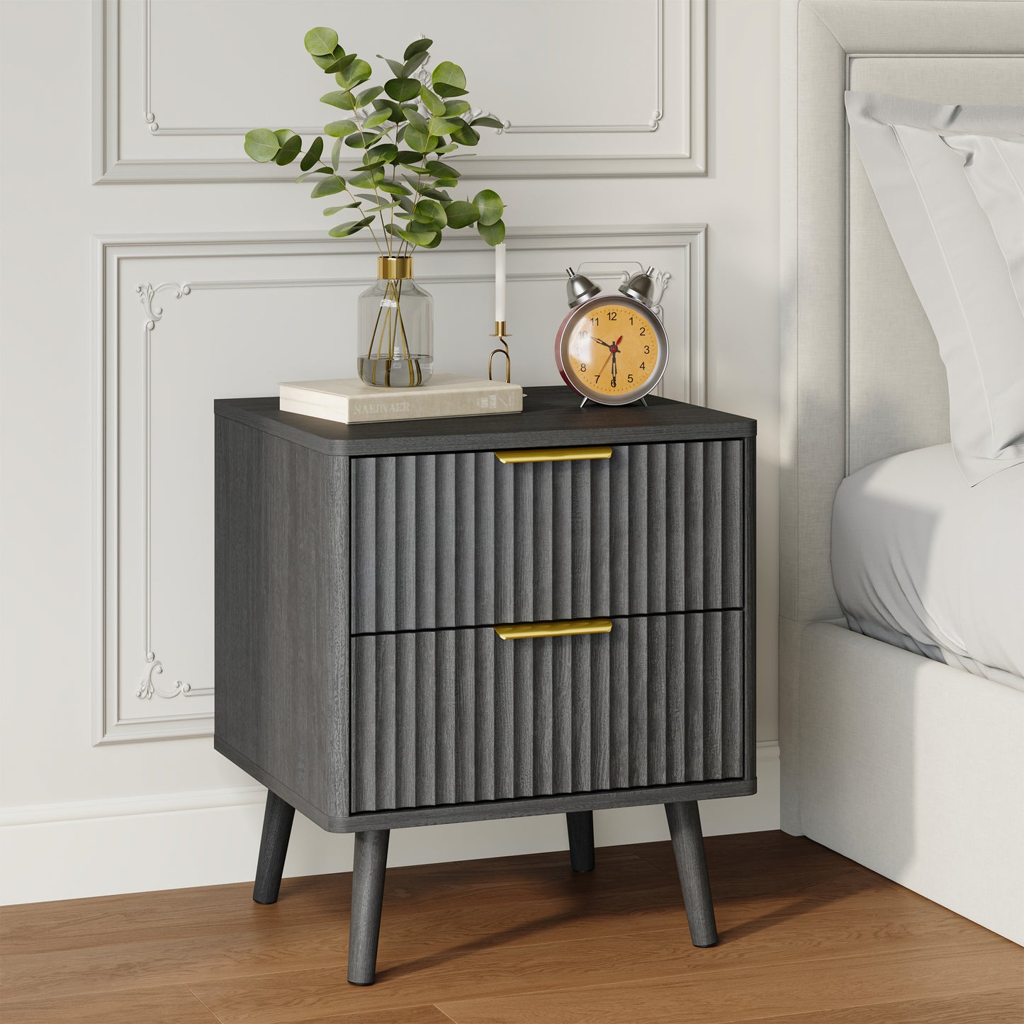 YouTrend Nightstand with Open Shelf,Beside Table with Fluted Design ,End Table with Solid Wood Legs for bedroom