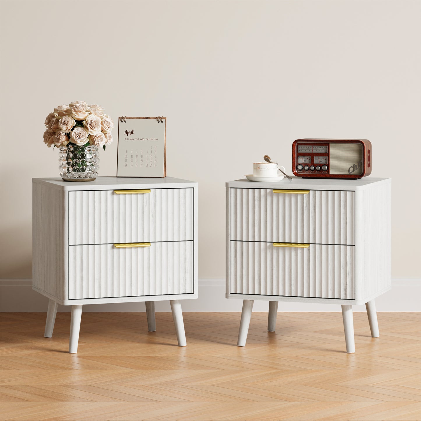 YouTrend Nightstands Set of 2 with Open Shelf,Beside Table with Fluted Design ,End Table with Solid Wood Legs for bedroom