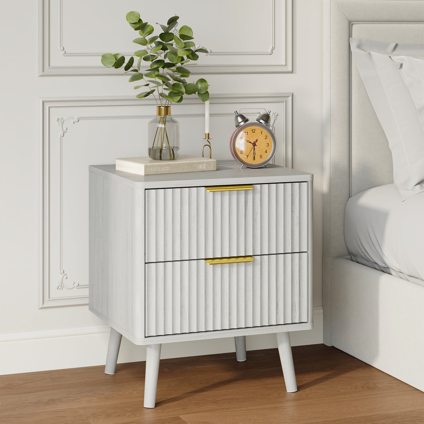 YouTrend Nightstand with Open Shelf,Beside Table with Fluted Design ,End Table with Solid Wood Legs for bedroom