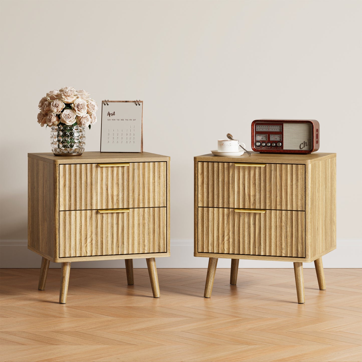 YouTrend Nightstands Set of 2 with Open Shelf,Beside Table with Fluted Design ,End Table with Solid Wood Legs for bedroom