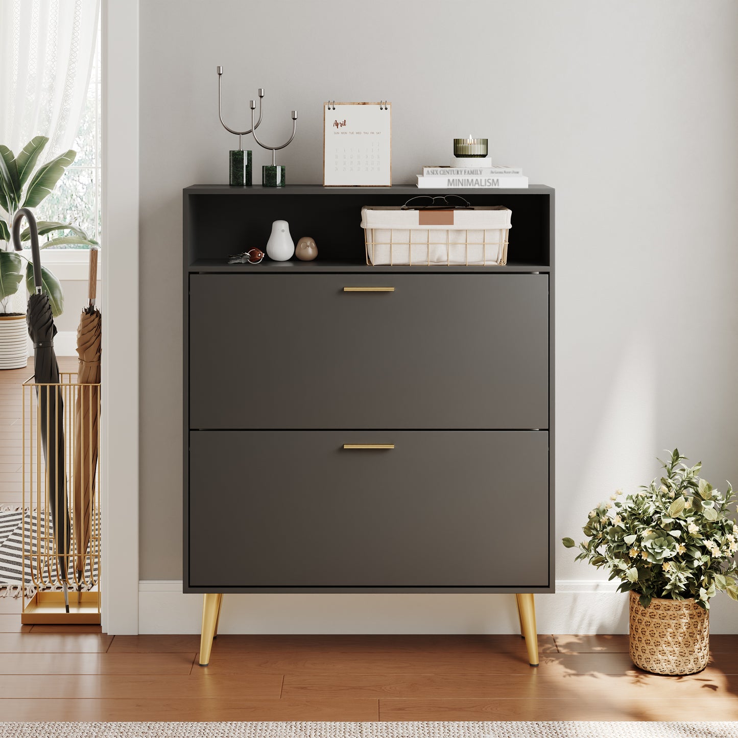 Shoe Cabinet with 2 Flip Drawers and Open Shelf Shoe Organizer for Entryway