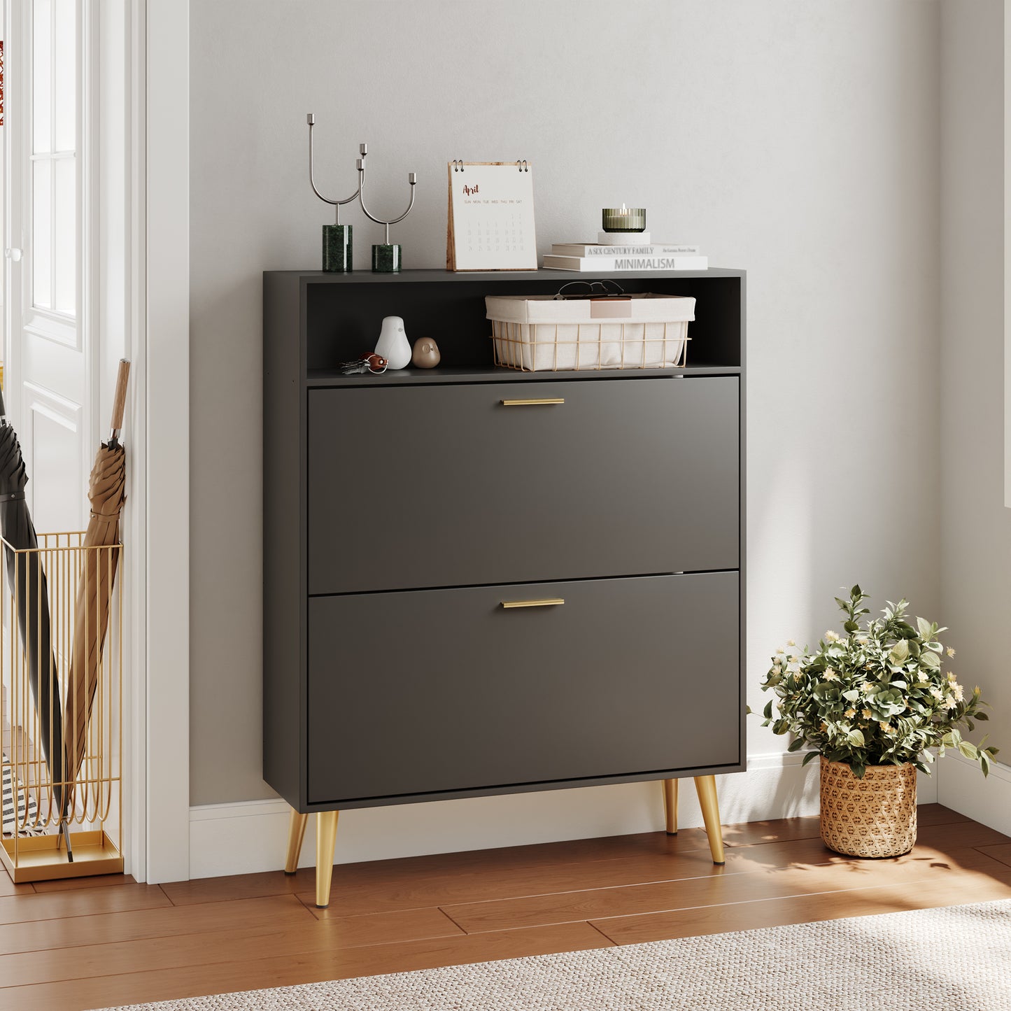Shoe Cabinet with 2 Flip Drawers and Open Shelf Shoe Organizer for Entryway