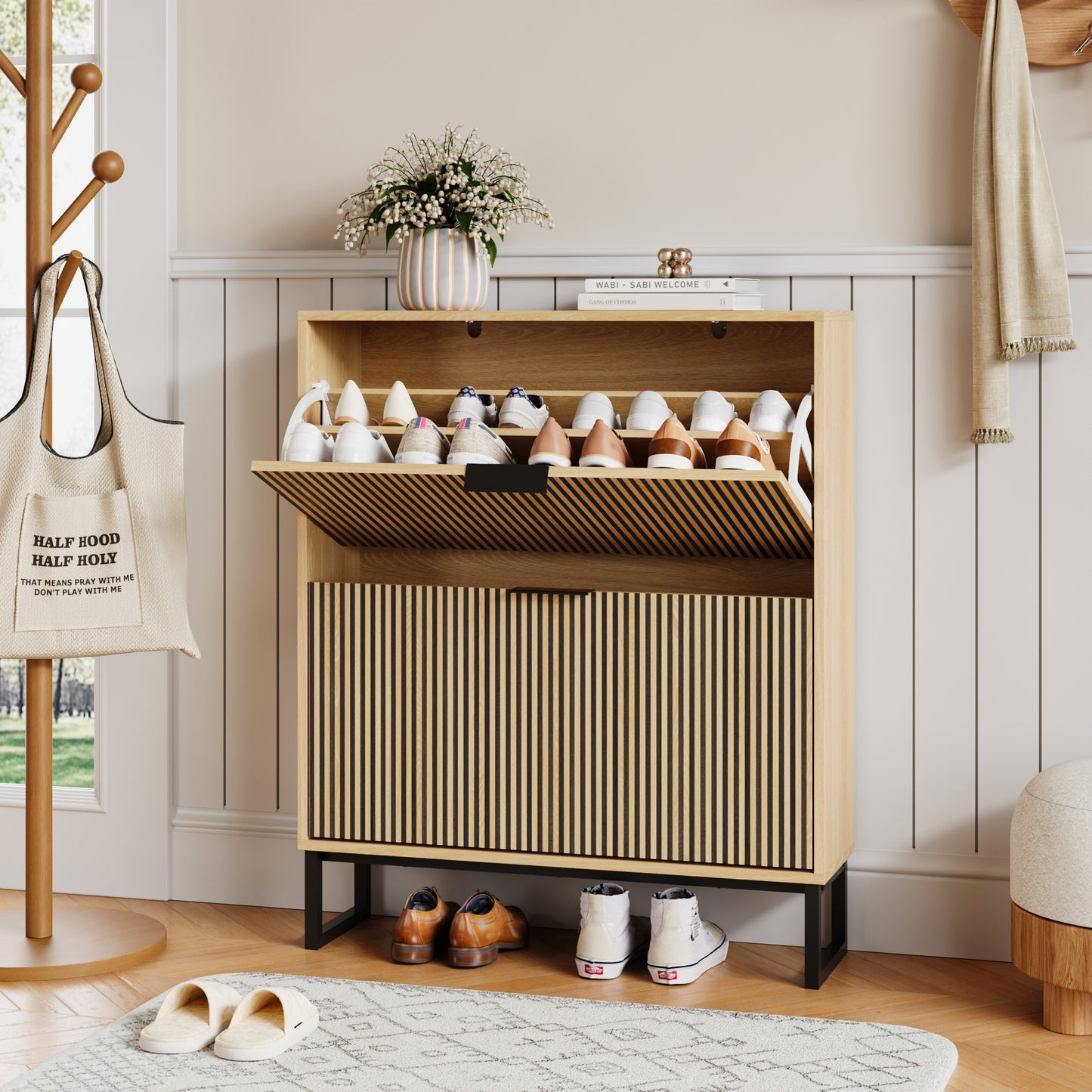 YouTrend Shoe Storage Cabinet,Shoe Rack for Entryway with 2 Flip Drawers,Shoes Storage Cabinet Organizer with Metal Legs,Natural