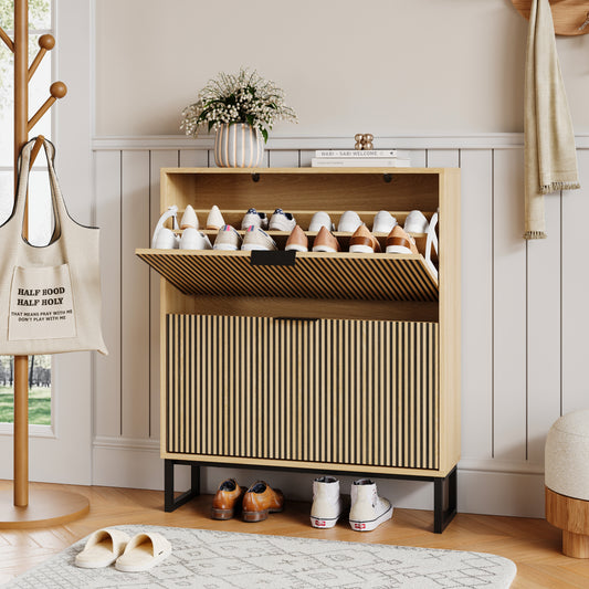 YouTrend Shoe Storage Cabinet,Shoe Rack for Entryway with 2 Flip Drawers,Shoes Storage Cabinet Organizer with Metal Legs,Natural