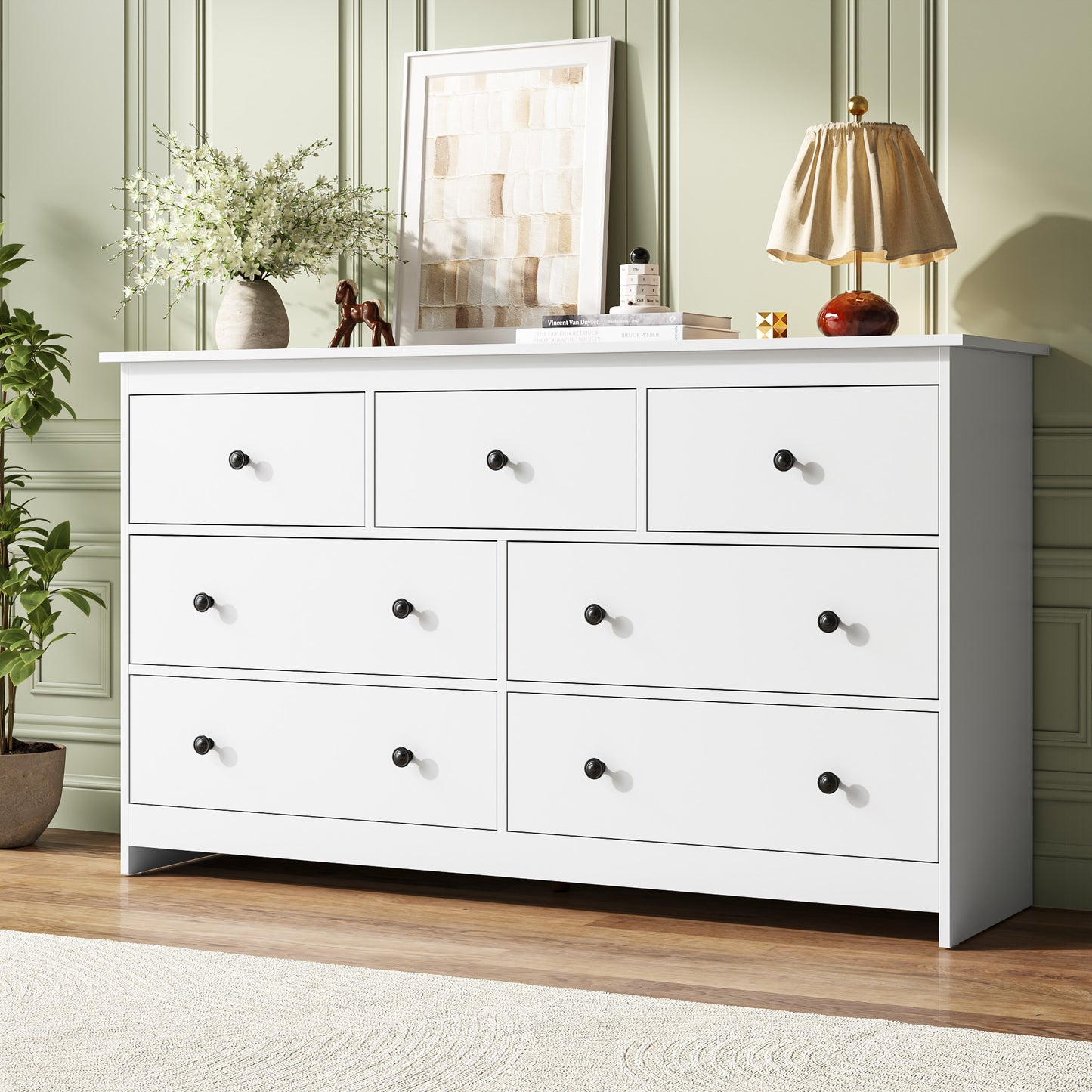 ASTUVIA 7 Drawer White Dresser for Bedroom - Wide TV Stand with Anti-Tip Metal Rails