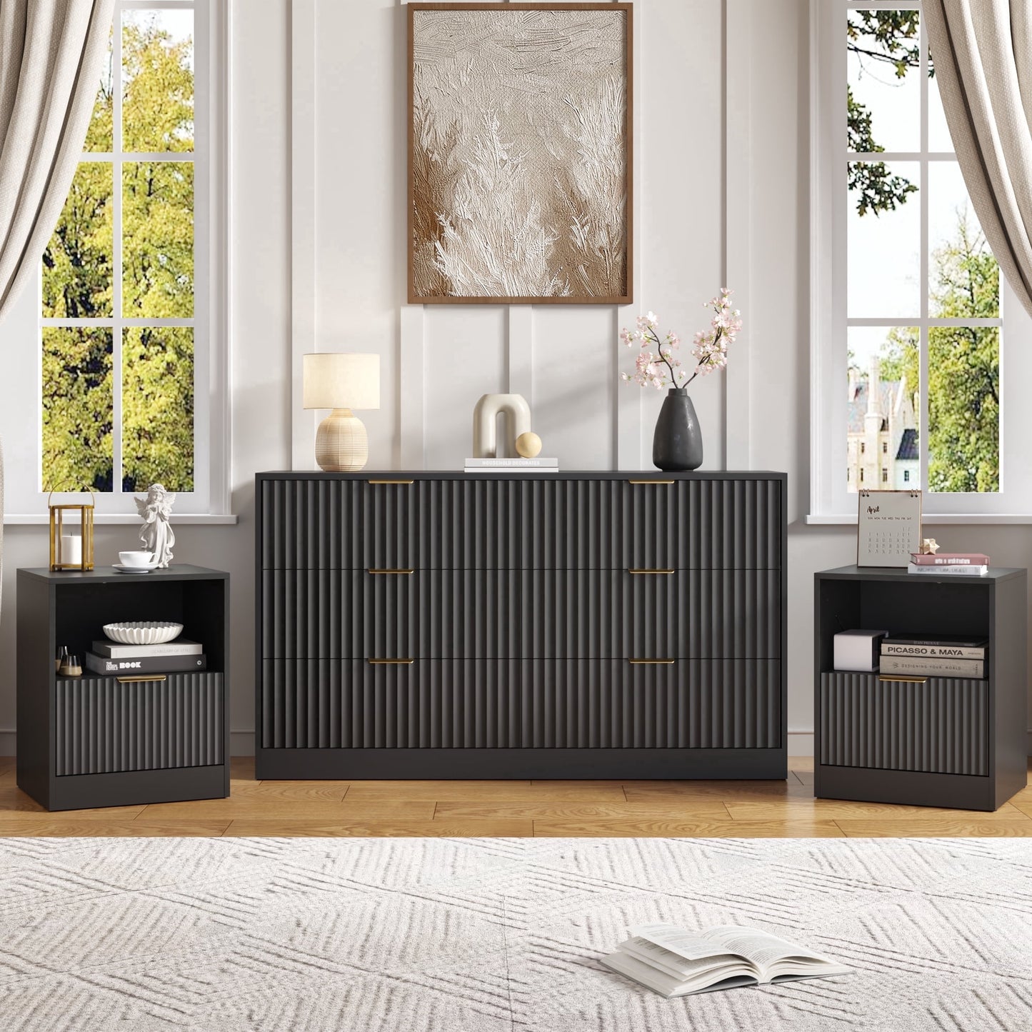 YouTrend 3-Piece Modern Bedroom Set - 7 Drawer Wide Dresser & Nightstands Set of 2 with Fluted Design, Anti-Tip Safety Black Natural Wood Storage Furniture for Bedroom,Hallway