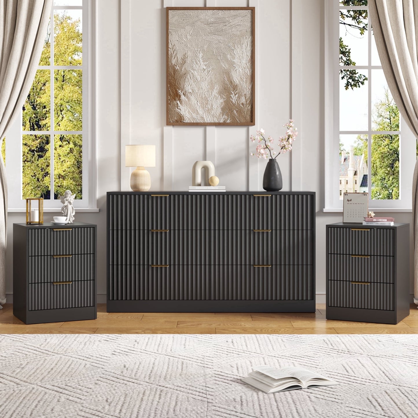YouTrend 3-Piece Modern Bedroom Set - 7 Drawer Wide Dresser & Nightstands Set of 2 with Fluted Design, Anti-Tip Safety Black Natural Wood Storage Furniture for Bedroom,Hallway