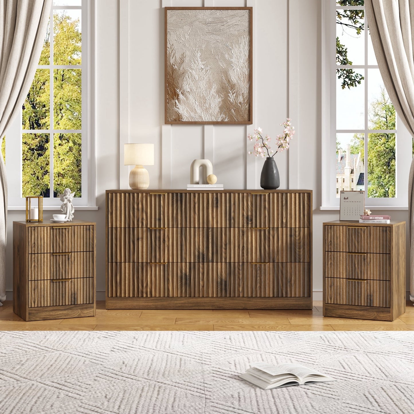 YouTrend 3-Piece Modern Bedroom Set - 7 Drawer Wide Dresser & Nightstands Set of 2 with Fluted Design, Anti-Tip Safety Black Natural Wood Storage Furniture for Bedroom,Hallway