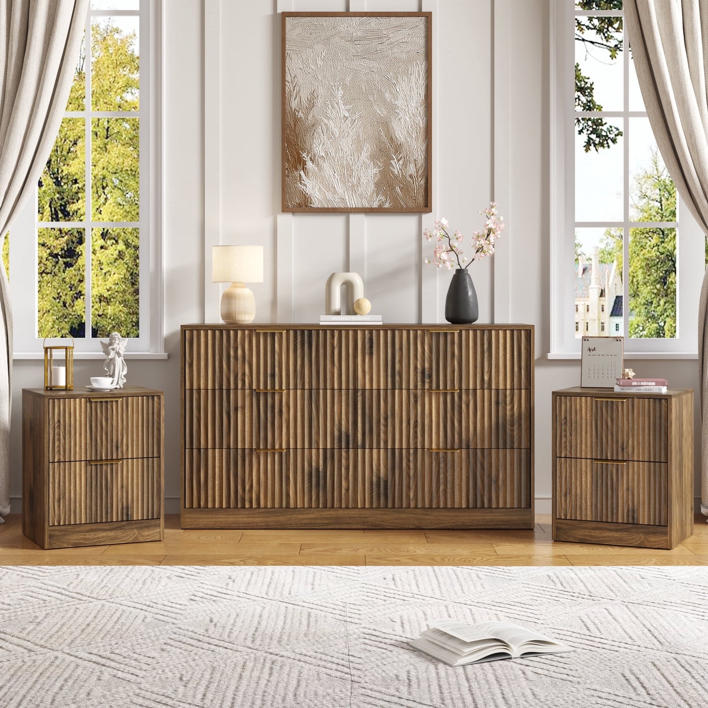 YouTrend 3-Piece Modern Bedroom Set - 7 Drawer Wide Dresser & Nightstands Set of 2 with Fluted Design, Anti-Tip Safety Black Natural Wood Storage Furniture for Bedroom,Hallway