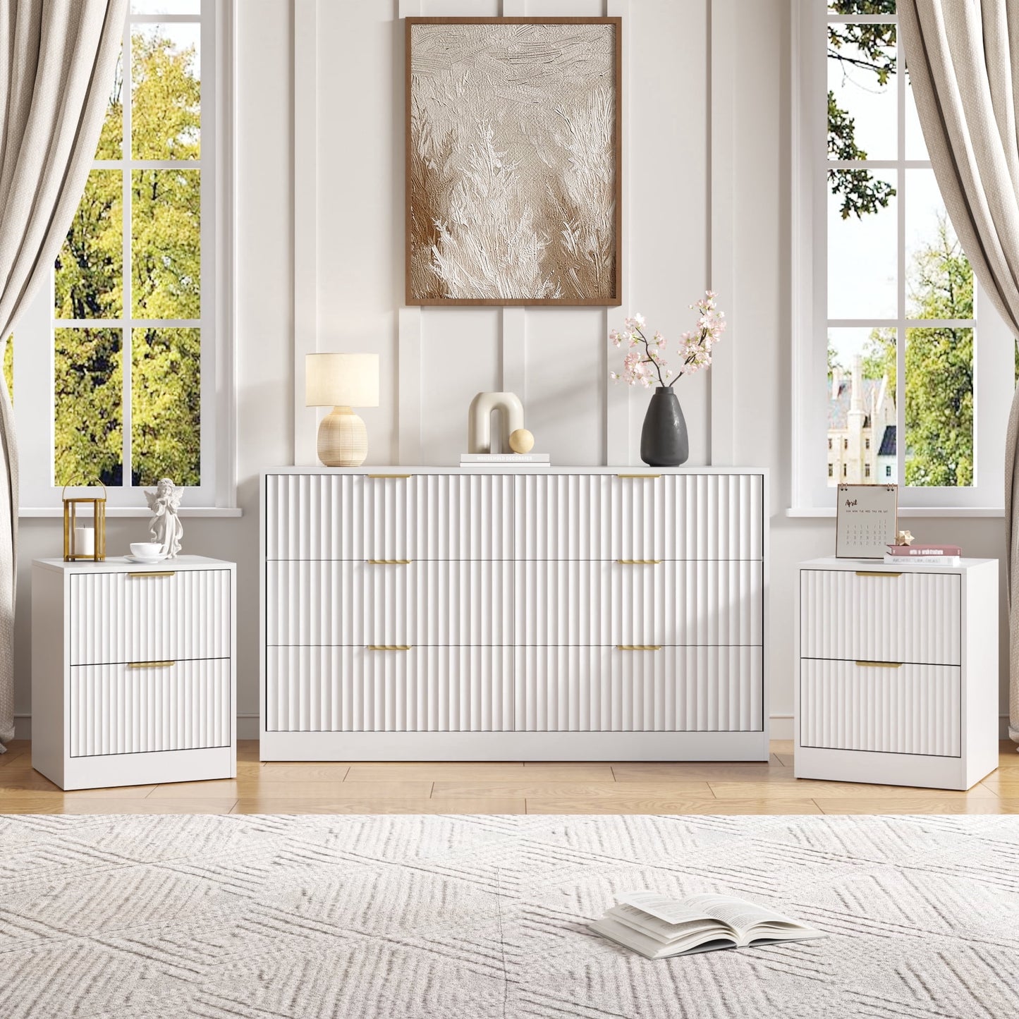 YouTrend 3-Piece Modern Bedroom Set - 7 Drawer Wide Dresser & Nightstands Set of 2 with Fluted Design, Anti-Tip Safety Black Natural Wood Storage Furniture for Bedroom,Hallway