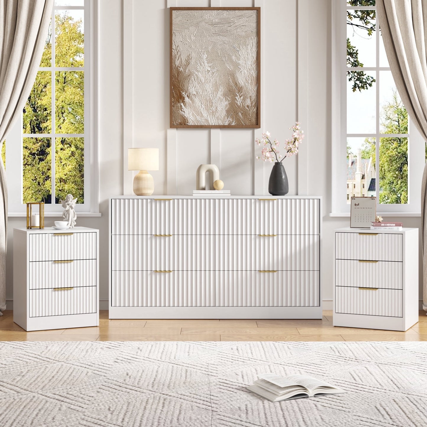 YouTrend 3-Piece Modern Bedroom Set - 7 Drawer Wide Dresser & Nightstands Set of 2 with Fluted Design, Anti-Tip Safety Black Natural Wood Storage Furniture for Bedroom,Hallway