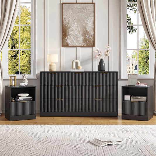 YouTrend 3-Piece Modern Bedroom Set - 7 Drawer Wide Dresser & Nightstands Set of 2 with Fluted Design, Anti-Tip Safety Black Natural Wood Storage Furniture for Bedroom,Hallway