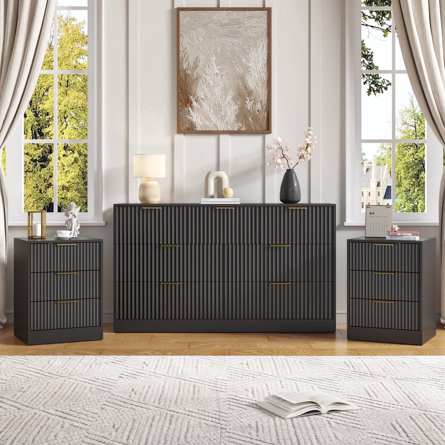 YouTrend 3-Piece Modern Bedroom Set - 7 Drawer Wide Dresser & Nightstands Set of 2 with Fluted Design, Anti-Tip Safety Black Natural Wood Storage Furniture for Bedroom,Hallway