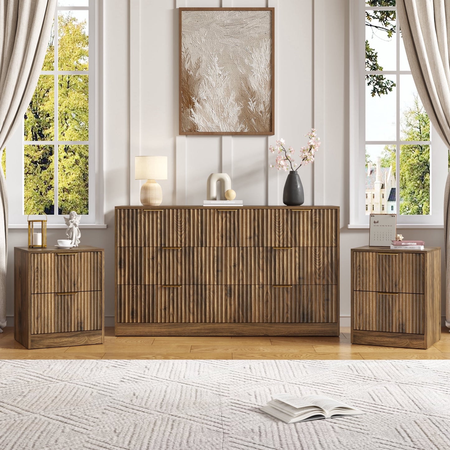 YouTrend 3-Piece Modern Bedroom Set - 7 Drawer Wide Dresser & Nightstands Set of 2 with Fluted Design, Anti-Tip Safety Black Natural Wood Storage Furniture for Bedroom,Hallway