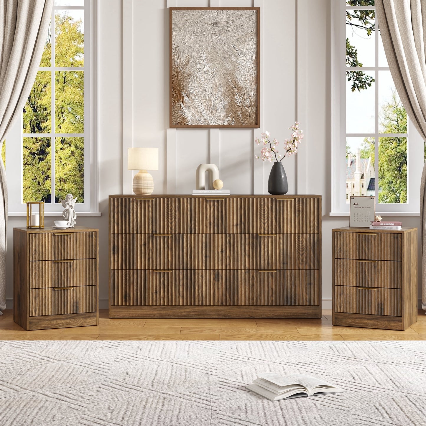 YouTrend 3-Piece Modern Bedroom Set - 7 Drawer Wide Dresser & Nightstands Set of 2 with Fluted Design, Anti-Tip Safety Black Natural Wood Storage Furniture for Bedroom,Hallway