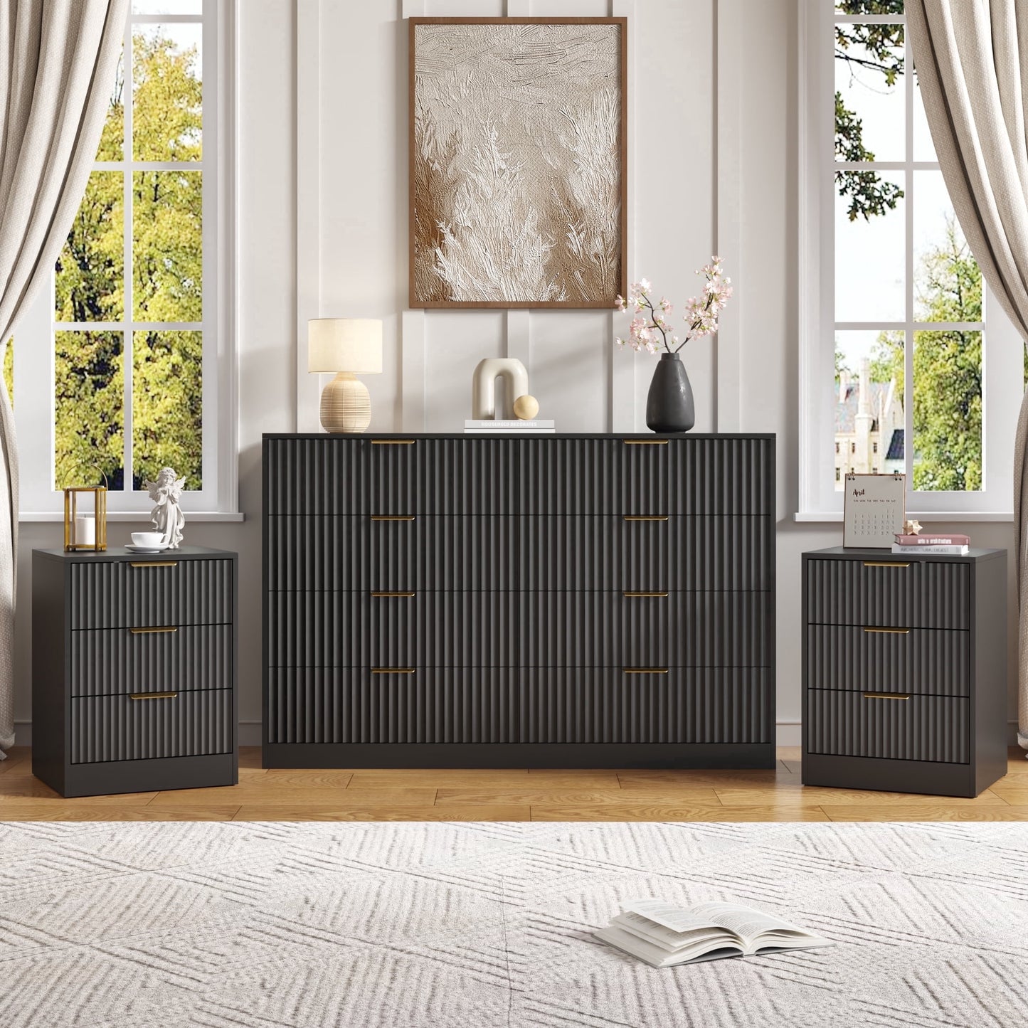 YouTrend 3-Piece Modern Bedroom Set - 7 Drawer Wide Dresser & Nightstands Set of 2 with Fluted Design, Anti-Tip Safety Black Natural Wood Storage Furniture for Bedroom,Hallway