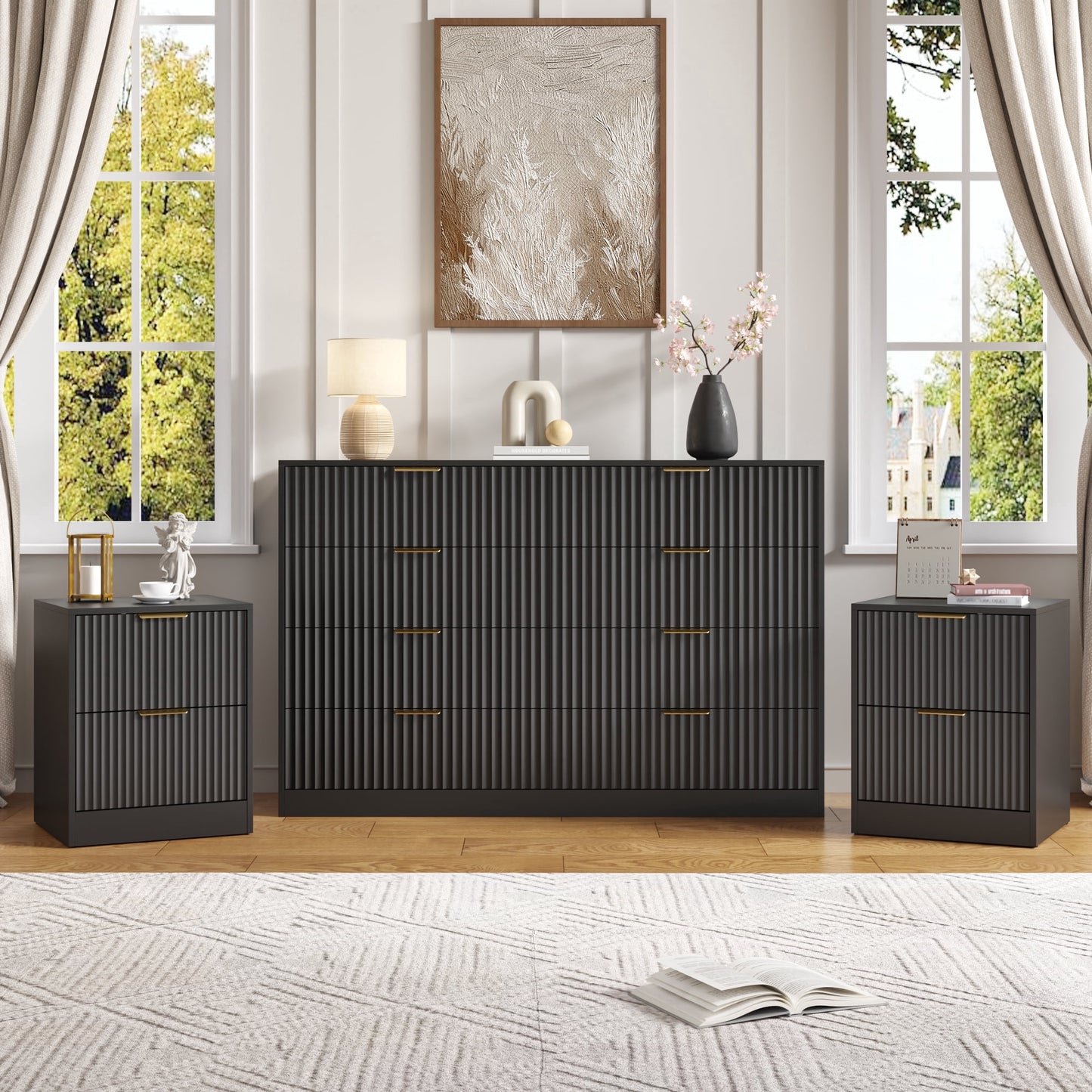 YouTrend 3-Piece Modern Bedroom Set - 7 Drawer Wide Dresser & Nightstands Set of 2 with Fluted Design, Anti-Tip Safety Black Natural Wood Storage Furniture for Bedroom,Hallway