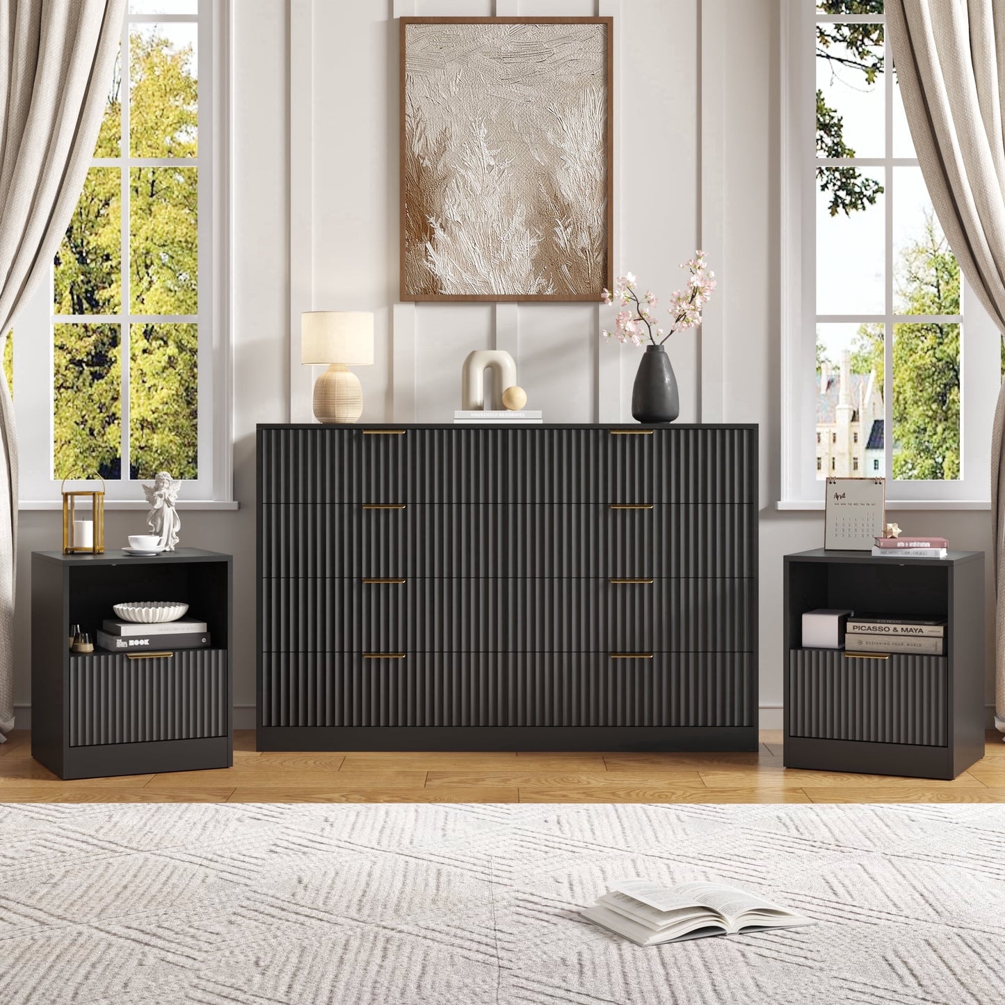 YouTrend 3-Piece Modern Bedroom Set - 7 Drawer Wide Dresser & Nightstands Set of 2 with Fluted Design, Anti-Tip Safety Black Natural Wood Storage Furniture for Bedroom,Hallway