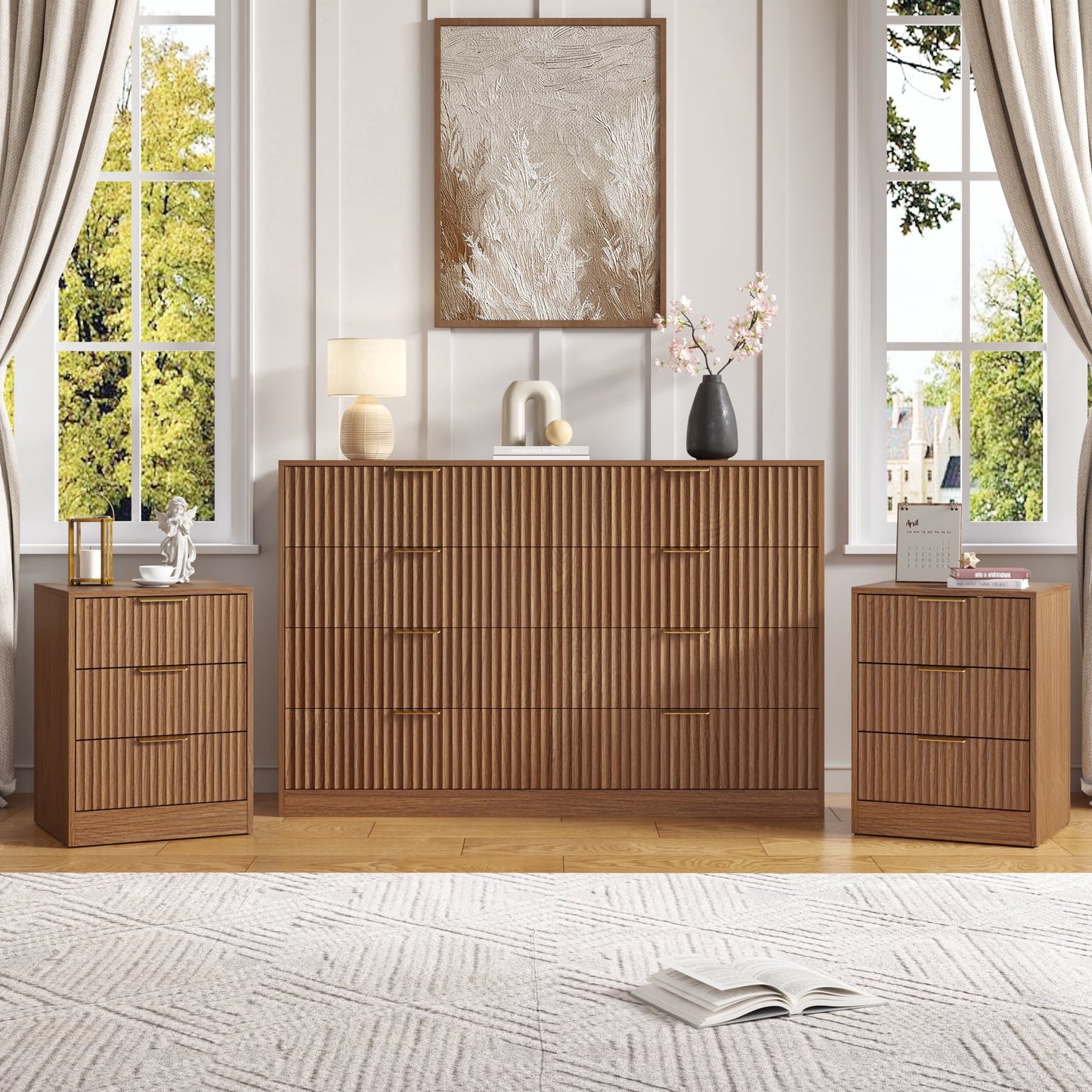 YouTrend 3-Piece Modern Bedroom Set - 7 Drawer Wide Dresser & Nightstands Set of 2 with Fluted Design, Anti-Tip Safety Black Natural Wood Storage Furniture for Bedroom,Hallway