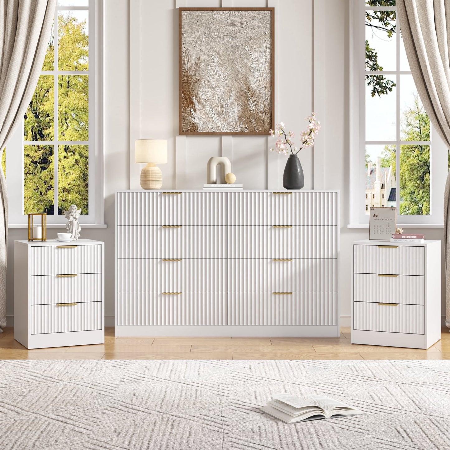 YouTrend 3-Piece Modern Bedroom Set - 7 Drawer Wide Dresser & Nightstands Set of 2 with Fluted Design, Anti-Tip Safety Black Natural Wood Storage Furniture for Bedroom,Hallway