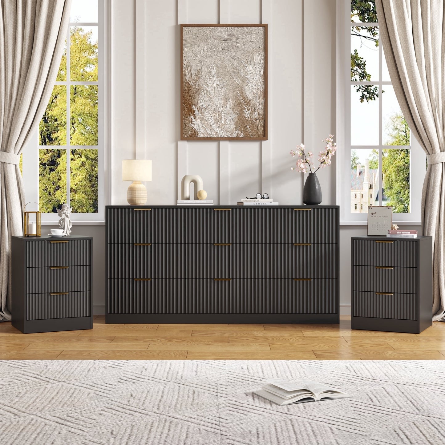 YouTrend 3-Piece Modern Bedroom Set - 7 Drawer Wide Dresser & Nightstands Set of 2 with Fluted Design, Anti-Tip Safety Black Natural Wood Storage Furniture for Bedroom,Hallway