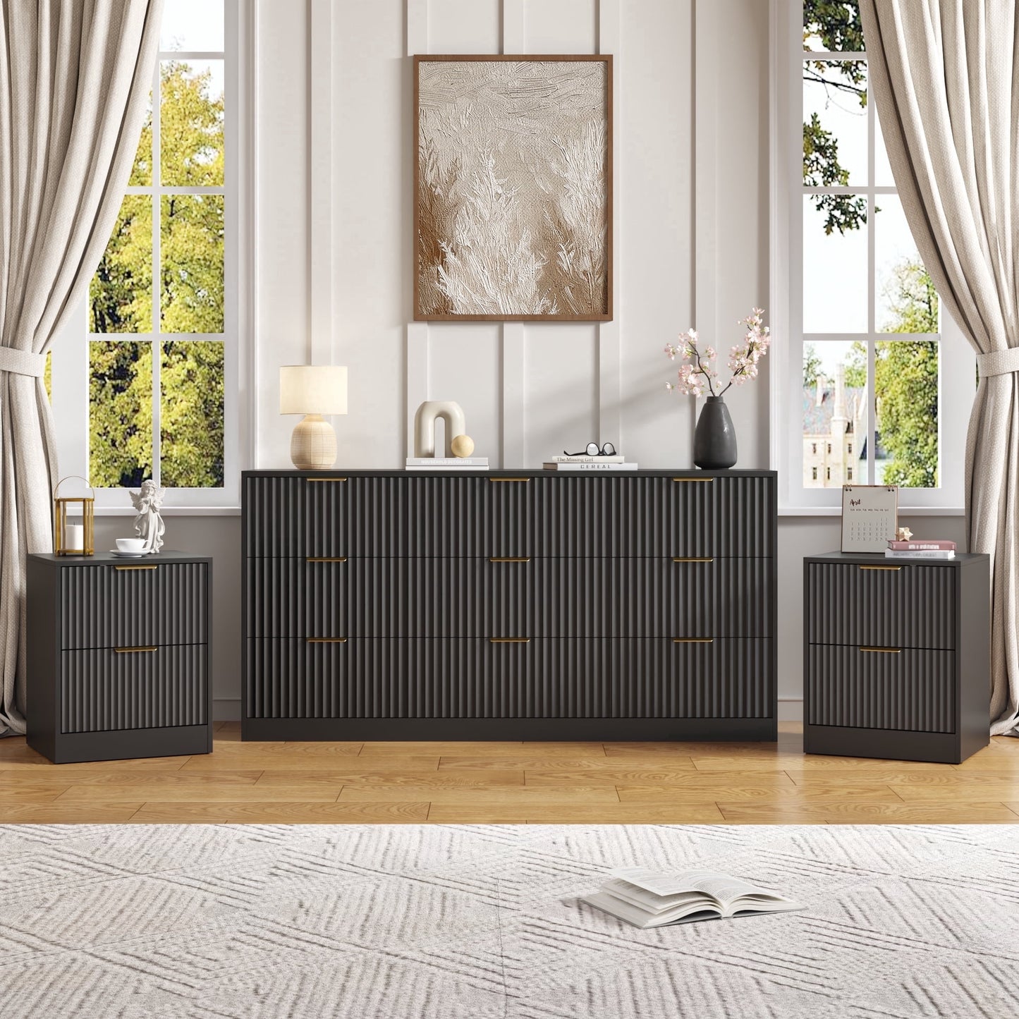 YouTrend 3-Piece Modern Bedroom Set - 7 Drawer Wide Dresser & Nightstands Set of 2 with Fluted Design, Anti-Tip Safety Black Natural Wood Storage Furniture for Bedroom,Hallway