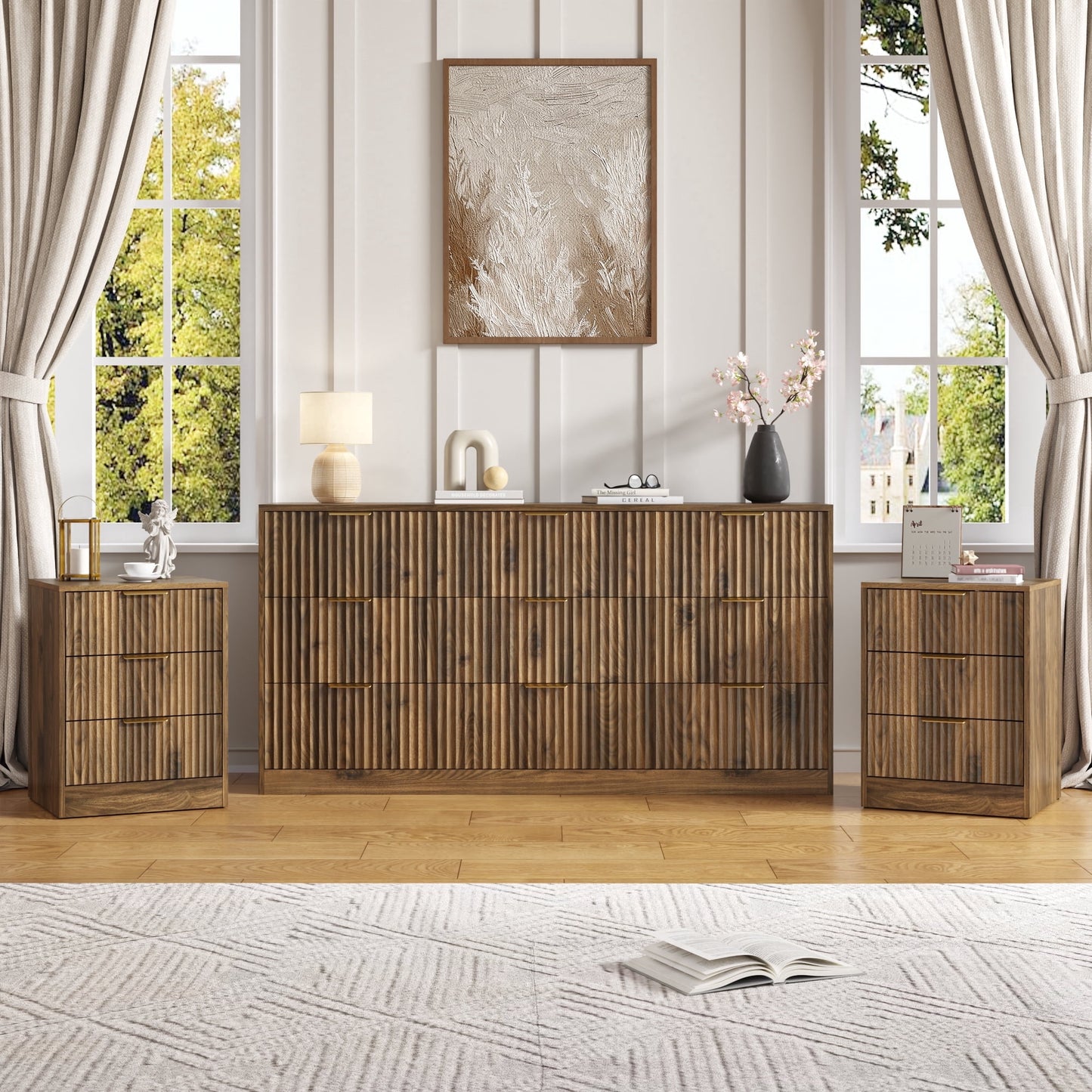 YouTrend 3-Piece Modern Bedroom Set - 7 Drawer Wide Dresser & Nightstands Set of 2 with Fluted Design, Anti-Tip Safety Black Natural Wood Storage Furniture for Bedroom,Hallway