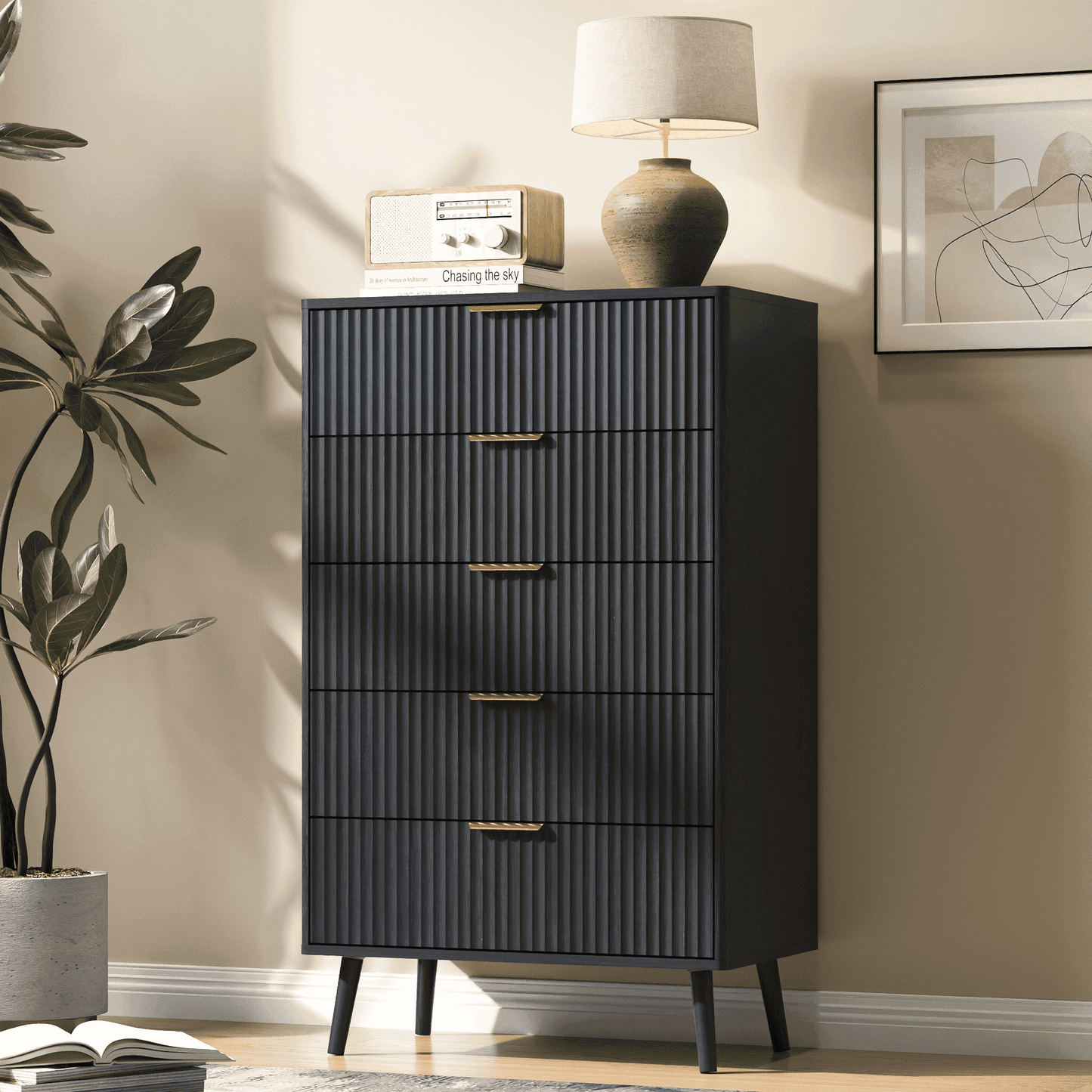 YouTrend 5 Drawer Dresser for Bedroom,Tall Dresser with Metal Handle,Fluted Dresser Modern Storage Cabinet for Home Office Living Room,White