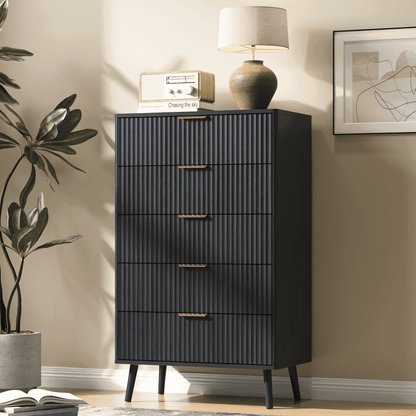 YouTrend 5 Drawer Dresser for Bedroom,Tall Dresser with Metal Handle,Fluted Dresser Modern Storage Cabinet for Home Office Living Room,White