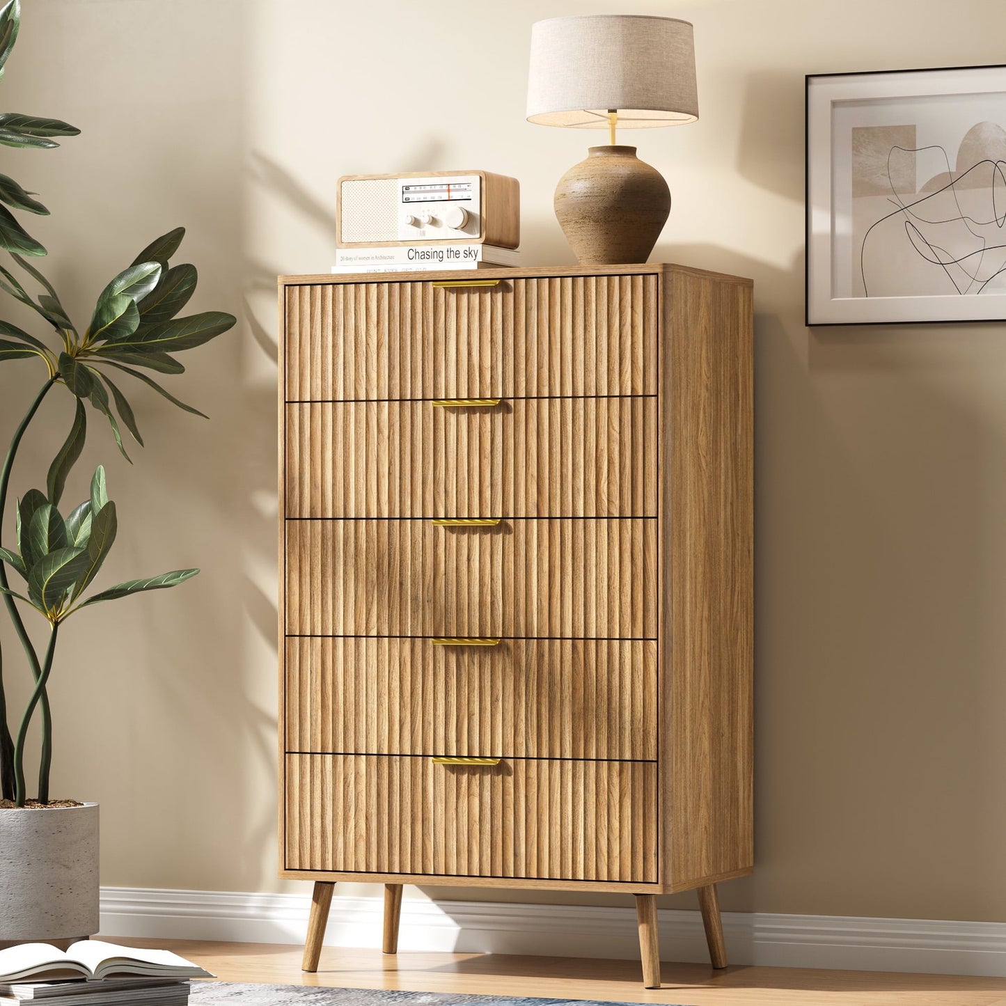 YouTrend 5 Drawer Dresser for Bedroom,Tall Dresser with Metal Handle,Fluted Dresser Modern Storage Cabinet for Home Office Living Room,White