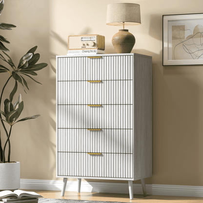 YouTrend 5 Drawer Dresser for Bedroom,Tall Dresser with Metal Handle,Fluted Dresser Modern Storage Cabinet for Home Office Living Room,White