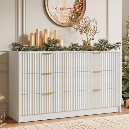 YouTrend 6 Drawer Dresser for Bedroom,55.1"Width Fluted Wood Chest of Drawer with Golden Embedded Handles for Living Room,Black