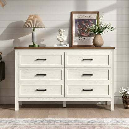 YouTrend 6 Drawer Farmhouse Dresser,Wood Adult Rustic Chest of Drawer with Metal Handles for Bedroom Living Room Hallway,Burlywood & White
