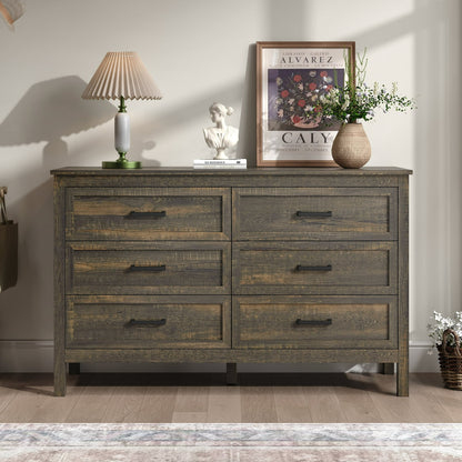 YouTrend 6 Drawer Farmhouse Dresser,Wood Adult Rustic Chest of Drawer with Metal Handles for Bedroom Living Room Hallway,Burlywood & White