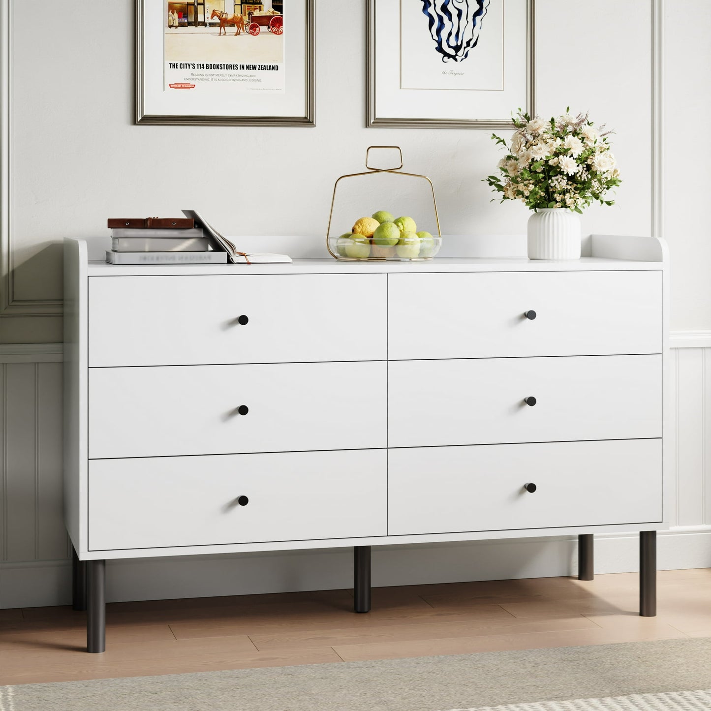 YouTrend 6 Drawer Wood Dresser Modern Storage Cabinet Sideboard Adult for Bedroom Living Room Hallway Home,White