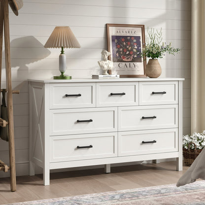 YouTrend 7 Drawer Farmhouse Dresser,Wood Adult Rustic Chest of Drawer with Metal Handles for Bedroom Living Room Hallway,Burlywood & White