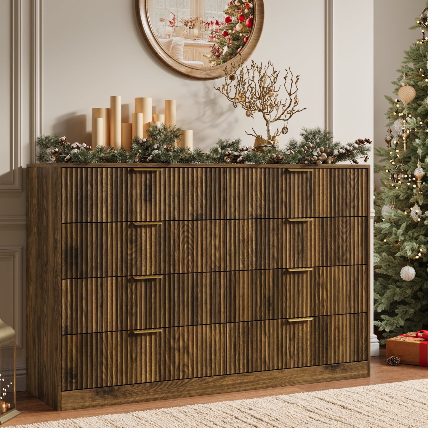 8 Drawer Dresser with for Bedroom,Modern Fluted Wood Chest of Drawer with Golden Embedded Handles for Living Room,Hallway