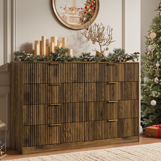8 Drawer Dresser with for Bedroom,Modern Fluted Wood Chest of Drawer with Golden Embedded Handles for Living Room,Hallway