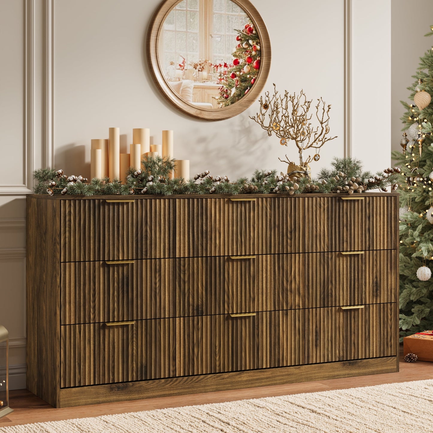 YouTrend White 9 Drawer Dresser for Bedroom,Modern Adult Fluted Wood Chest of Drawer with Golden Embedded Handles for Living Room,Hallway