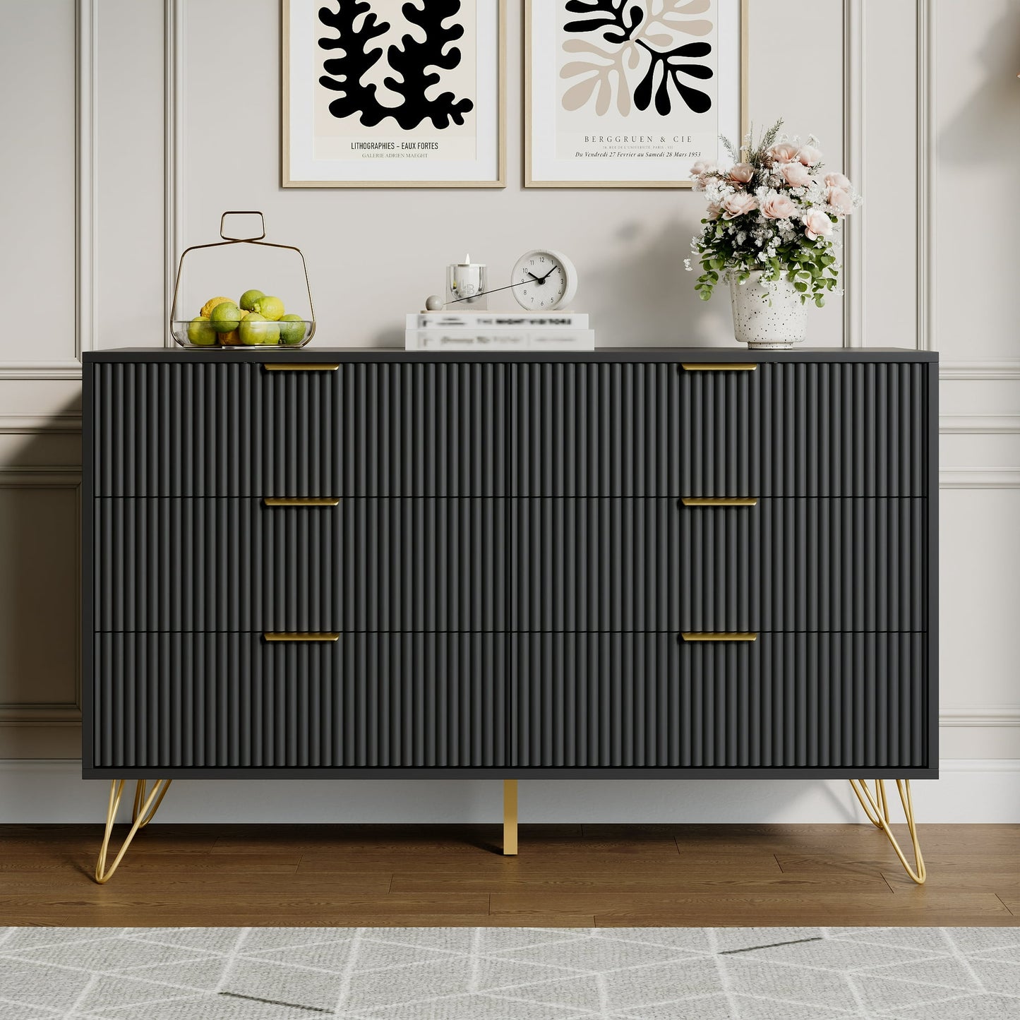 YouTrend White 6 Drawer Dresser with Fluted Wood and Metal Handles Legs for Bedroom Living Room Hallway