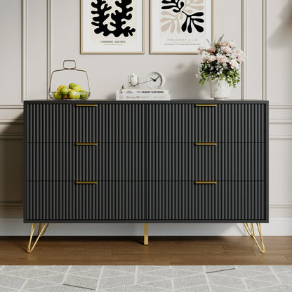 YouTrend White 6 Drawer Dresser with Fluted Wood and Metal Handles Legs for Bedroom Living Room Hallway