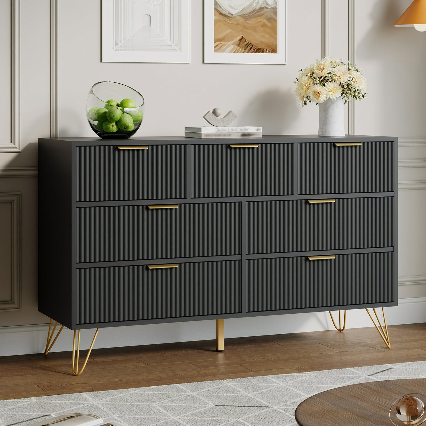 YouTrend White 7 Drawer Dresser with Fluted Wood and Metal Handles Legs for Bedroom Living Room Hallway