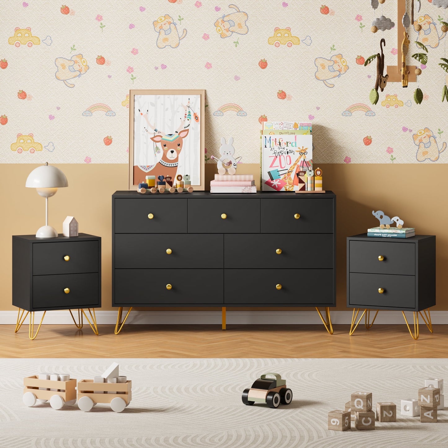 YouTrend Dresser and Nightstand sets,7 Drawer Dresser for Bedroom, 3 Piece Bedroom Dresser Set for Adult,Black