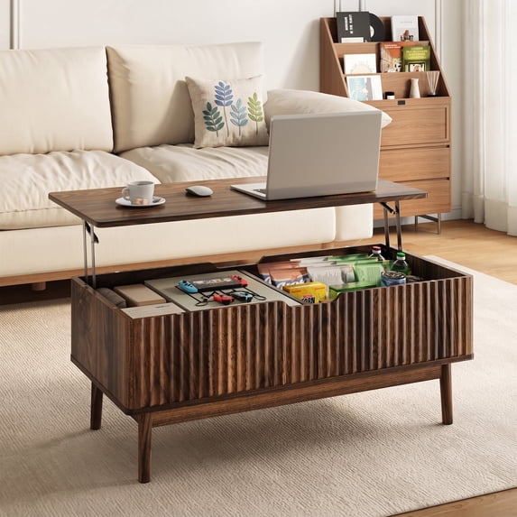 YouTrend Fluted Lift Top Coffee Table with Storage, 39.4" Width Rising Coffee Tables with Hidden Compartment, Wood Center Table for Living Room Office